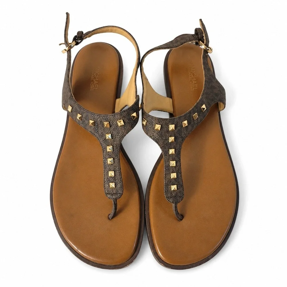 Michael Kors Women's 11M Studded Thong Sandals Brown Gold‎ Logo Strap Flat...